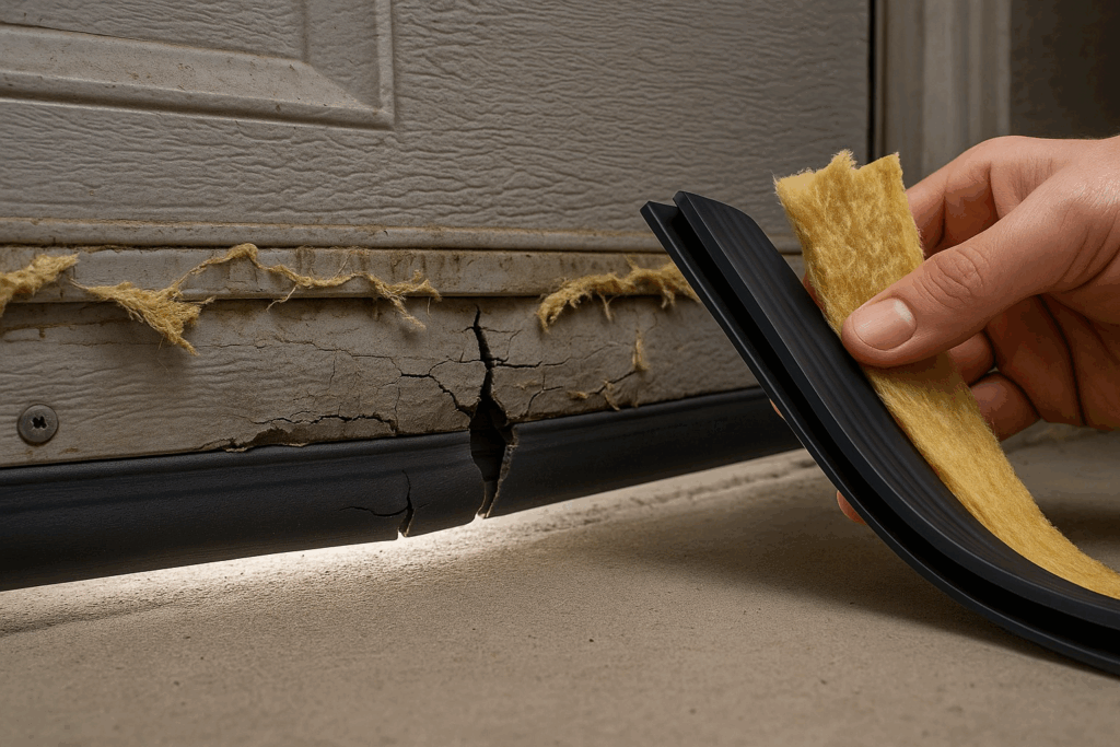 How Cold Weather Affects Garage Door Repairs In Lincoln, Ne 4 Hand holding insulation and seal near cracked garage door bottom, highlighting need for garage door repairs.