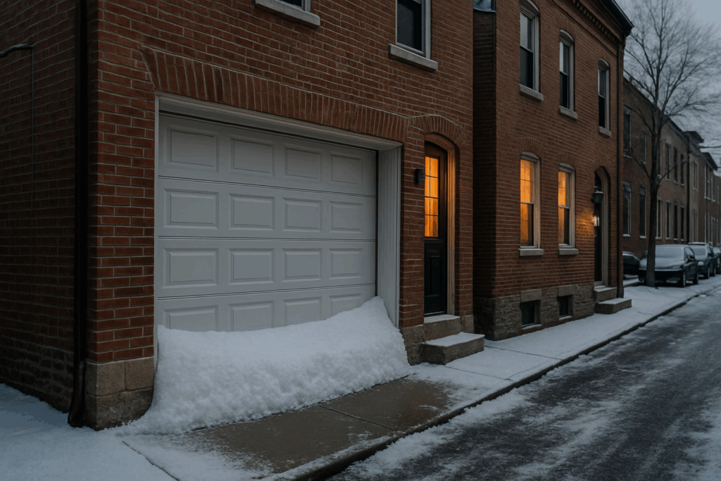 How Cold Weather Affects Garage Door Repairs In Lincoln, Ne 3 Snow piled against garage door in winter, creating blockages that require garage door repairs and maintenance.