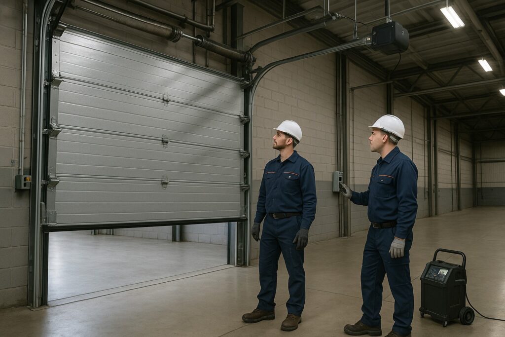 How Commercial Garage Door Repair Reduces Downtime For Lincoln, Ne Companies 3 Technicians in safety gear inspecting automated commercial garage door system during operation.