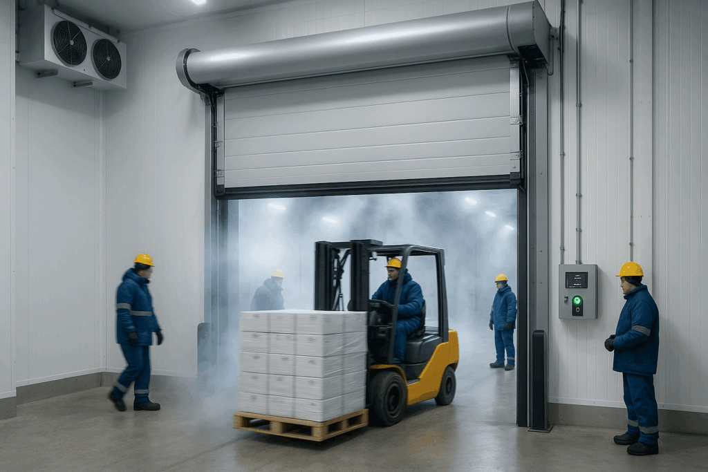 How Commercial Garage Door Repair Reduces Downtime For Lincoln, Ne Companies 2 Forklift moving pallet through insulated high-speed garage door in refrigerated warehouse with workers in safety gear.
