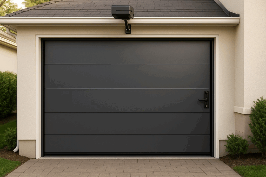 Garage Door Types That Handle All Four Seasons In Lincoln, Ne Effectively 3 Steel gray modern garage doors on residential home exterior.