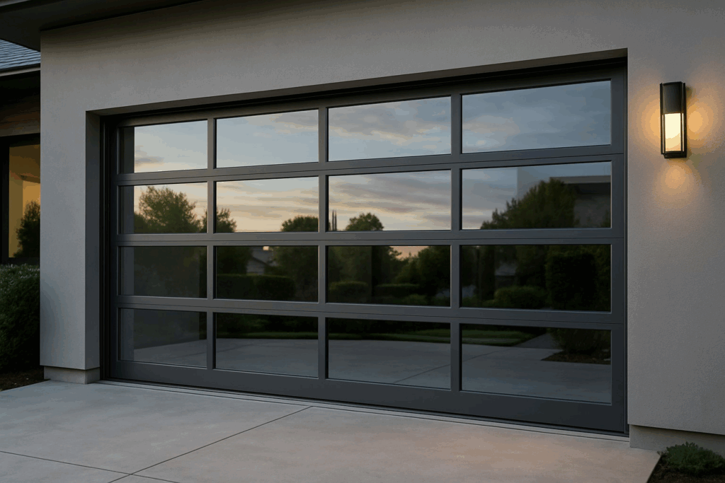 Garage Door Types That Handle All Four Seasons In Lincoln, Ne Effectively 4 Contemporary home exterior featuring sleek glass panel modern garage doors at dusk.