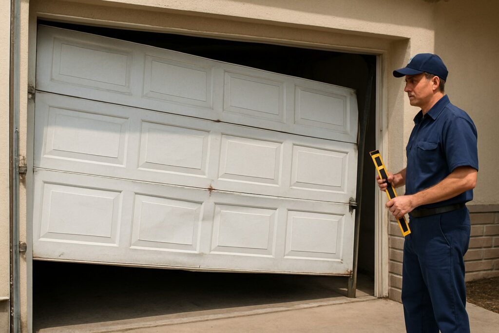 Lincoln, Ne Garage Door Maintenance: Extend The Life Of Your Garage Doors 4 Technician performing garage door maintenance by inspecting and realigning a damaged garage door off its track.