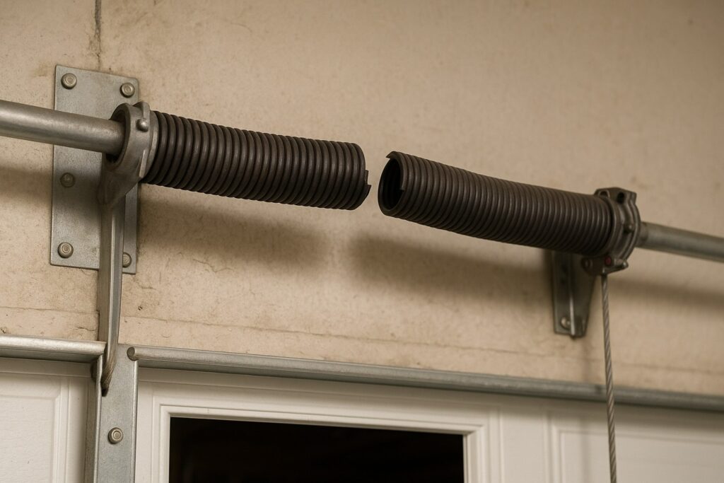 Lincoln, Ne Garage Door Maintenance: Extend The Life Of Your Garage Doors 3 Close-up of a broken torsion spring on a garage door, showing a clean separation in the coil that indicates the need for immediate professional repair.