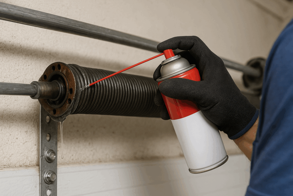 How To Keep Your Garage Door In Top Shape With A Tune-Up In Lincoln, Ne 3 Technician applying lubricant to a torsion spring during a garage door tune-up to ensure smooth and quiet operation.
