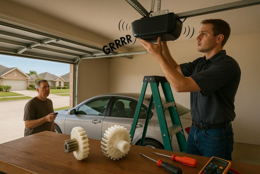 Technician performing garage door opener repair while diagnosing noisy motor in a residential garage.