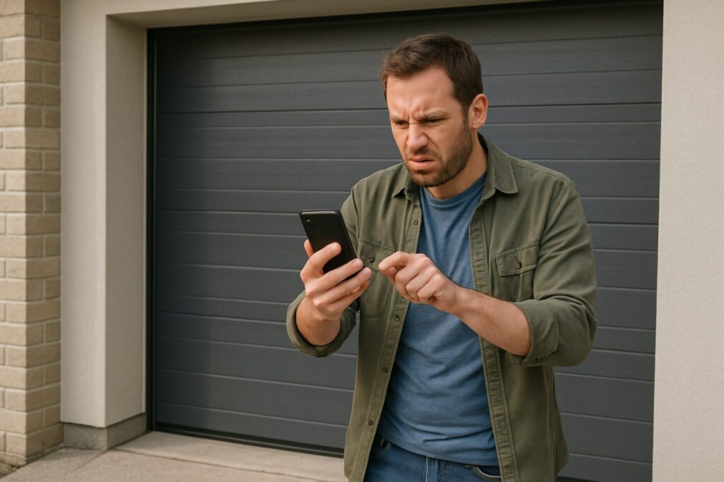 A frustrated man struggles to control his automatic garage doors using a smartphone app.